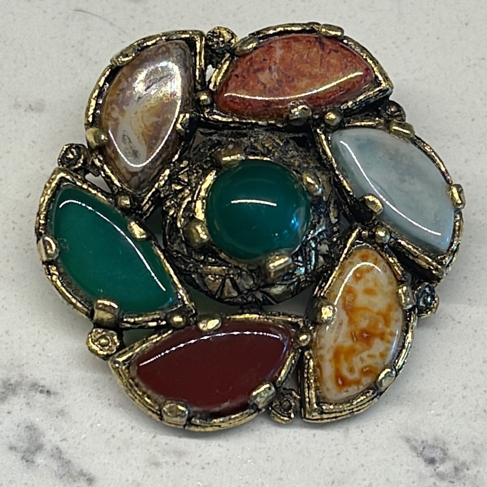 Vintage semi precious stones gemstone flower multicolor brooch